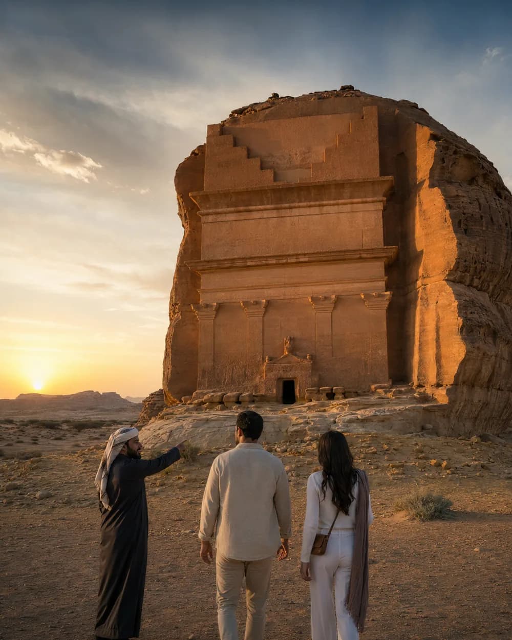 A local guide showing visitors the ancient Hegra tombs in AlUla at sunset