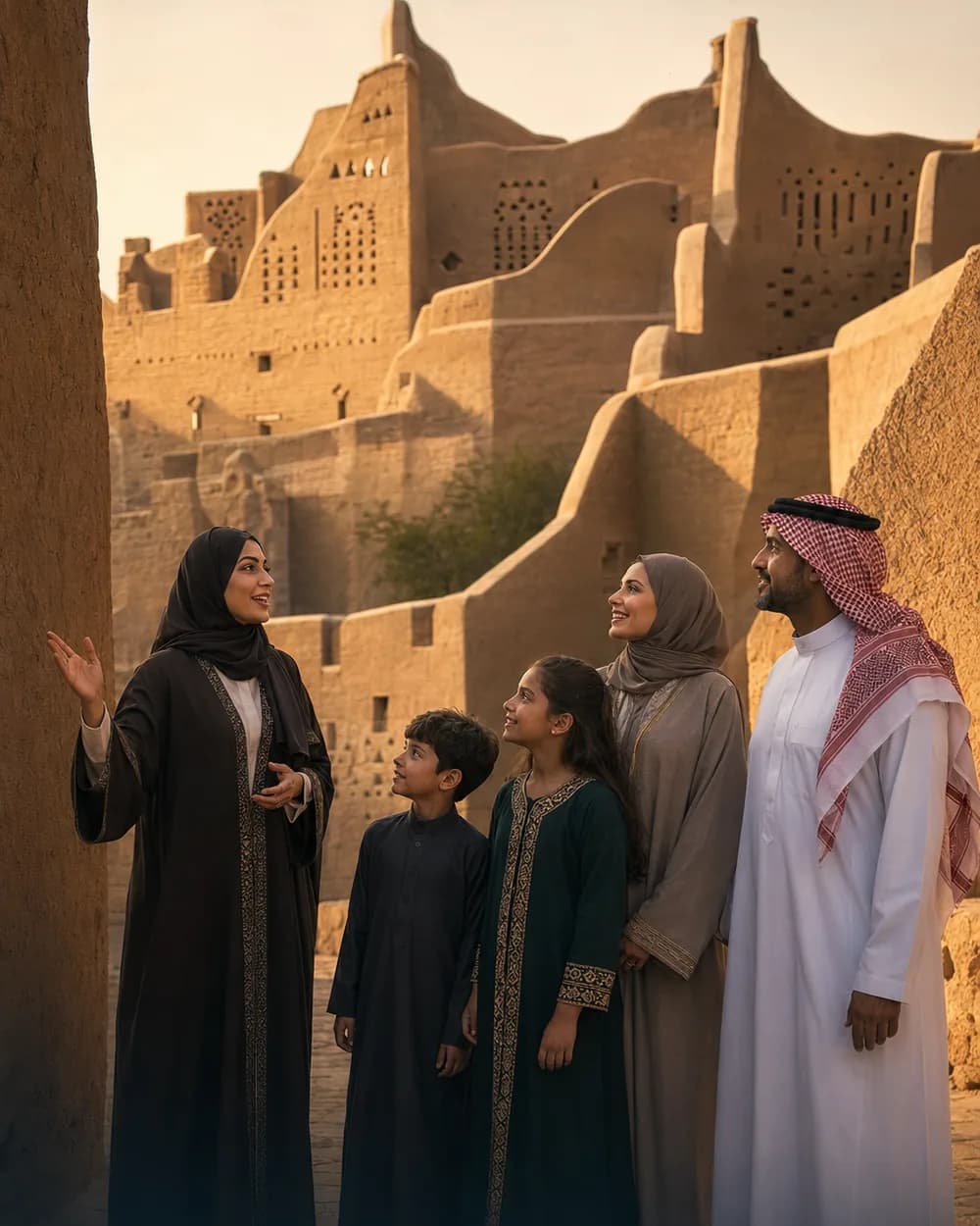 A local guide explaining the historic Diriyah district in Riyadh to a family