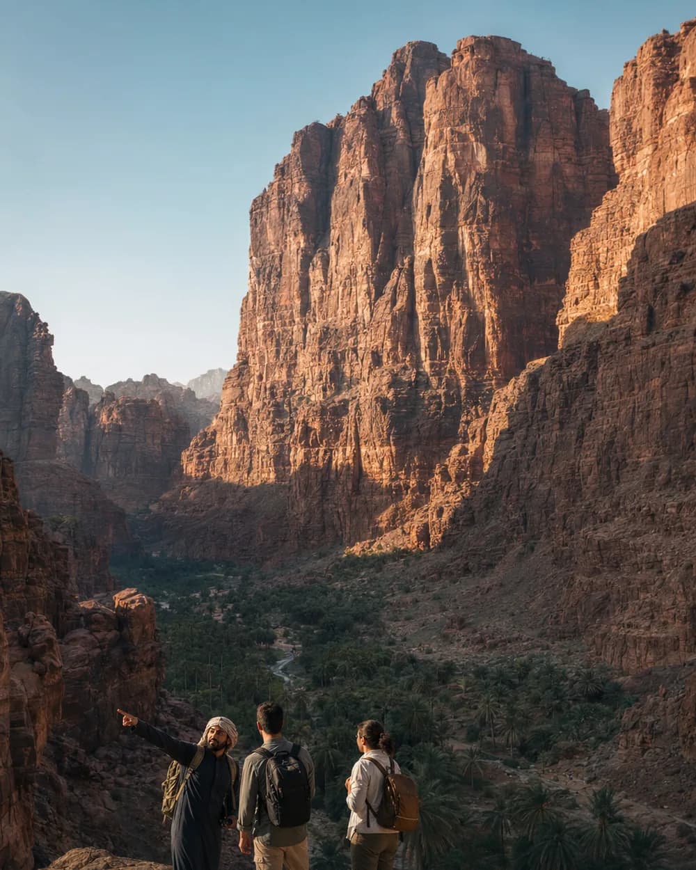 A local guide with visitors overlooking the cliffs and palm groves of Wadi Disah in Tabuk