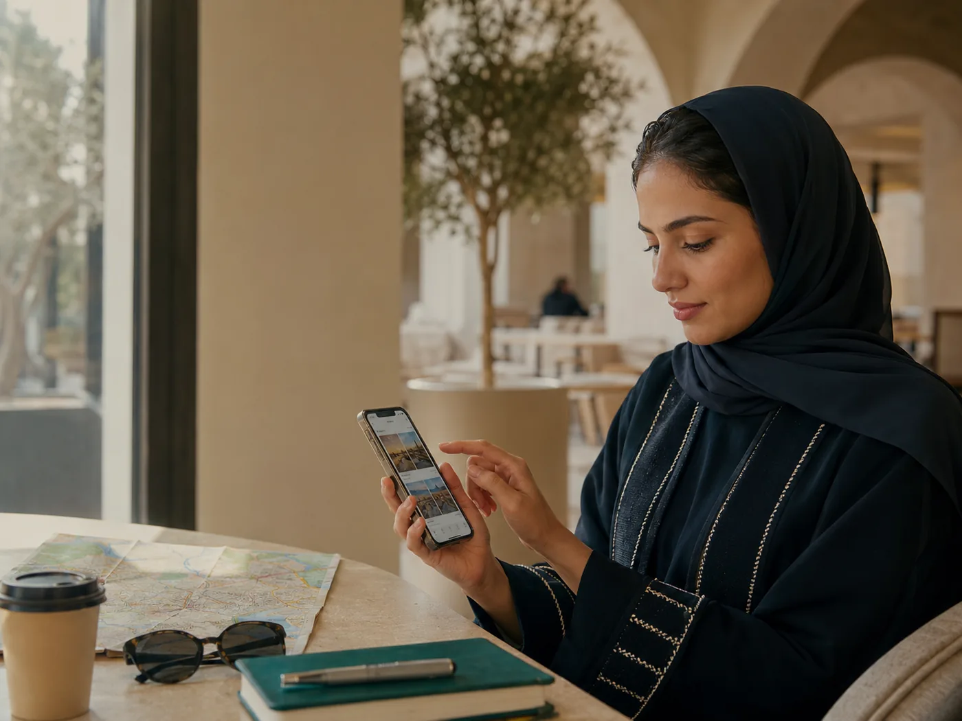 A Saudi traveler browsing local guide profiles on her phone at a cafe, a map beside her