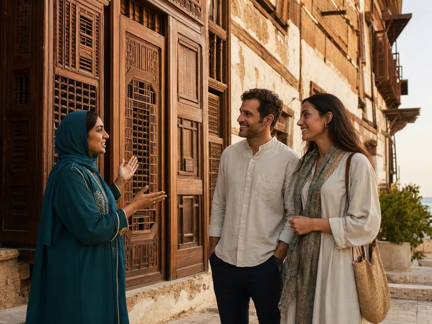 A local guide explaining historic wooden rawashin windows to a couple in Jeddah's Al-Balad
