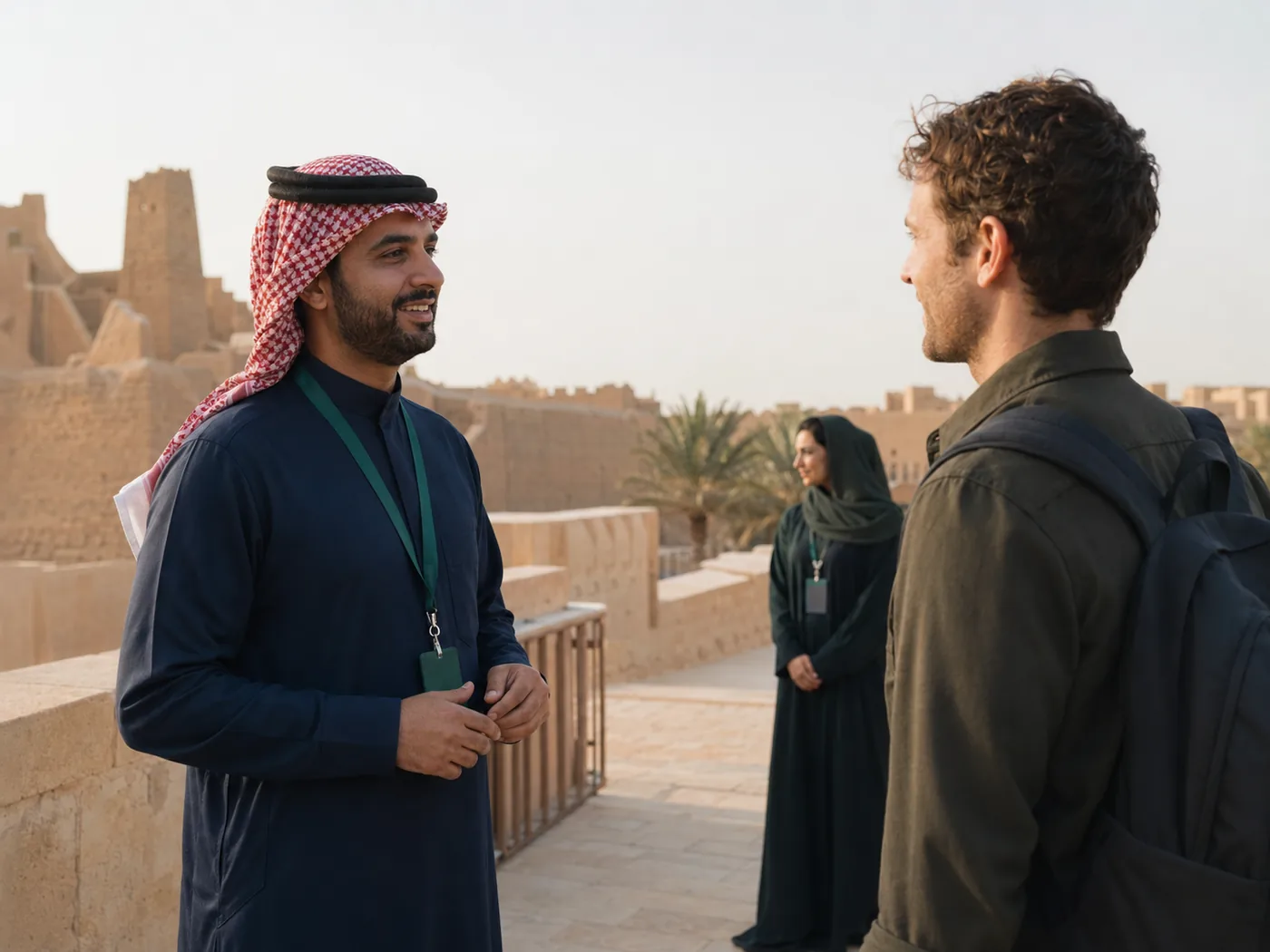 A Saudi local guide welcoming a traveler, with another guide behind them